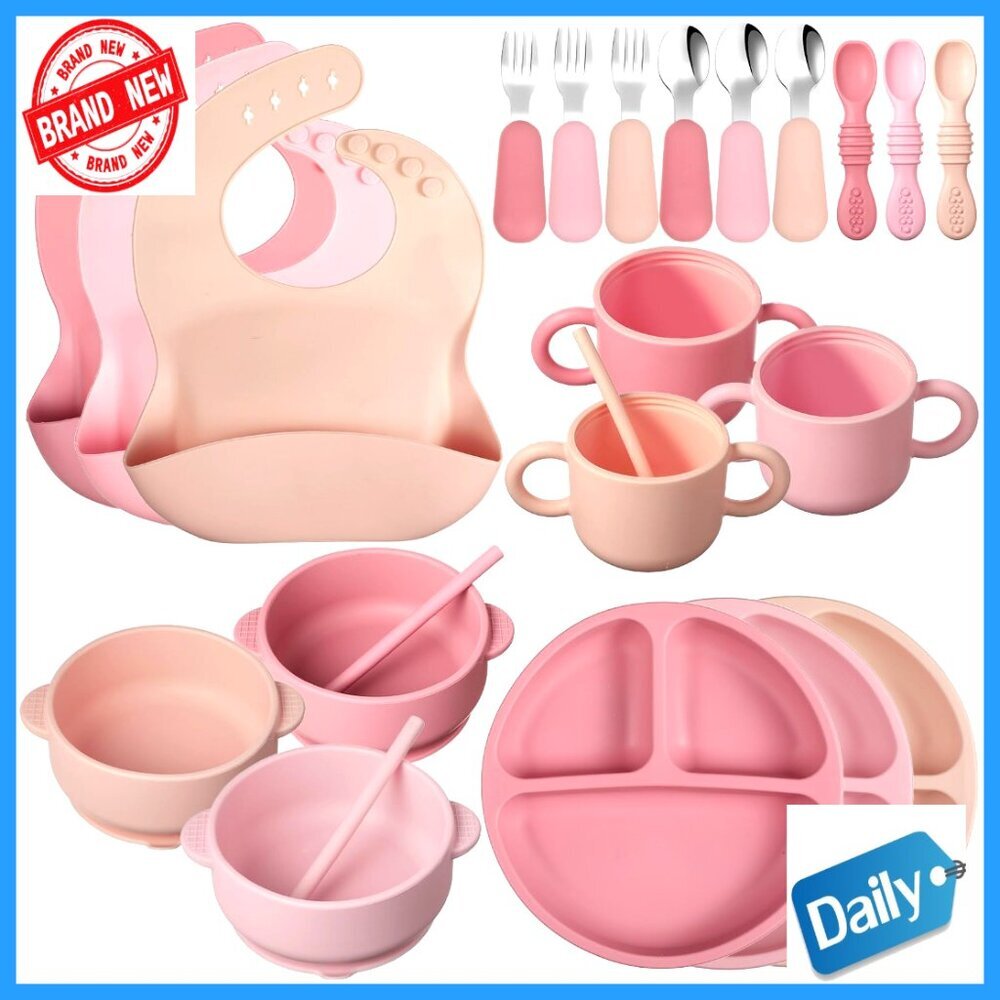 24-Piece Silicone Baby Feeding Set with Suction Plates, Bowls, Utensils, Bib
